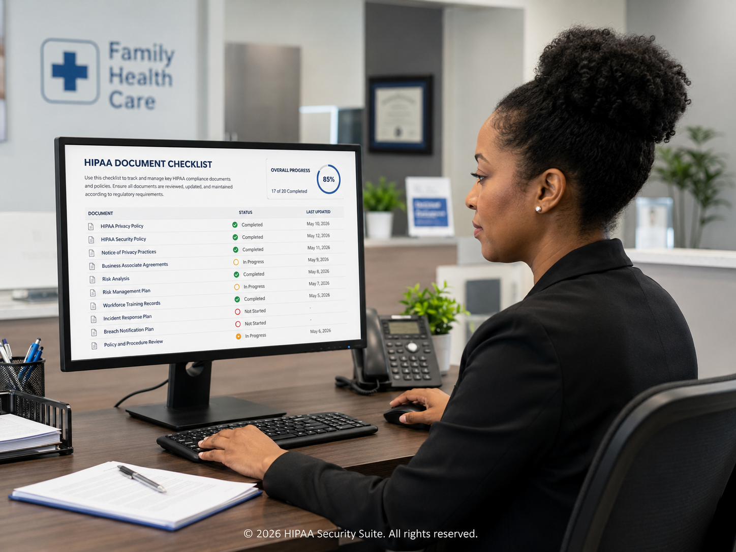 HIPAA documents workspace with folder tree and versioned document list