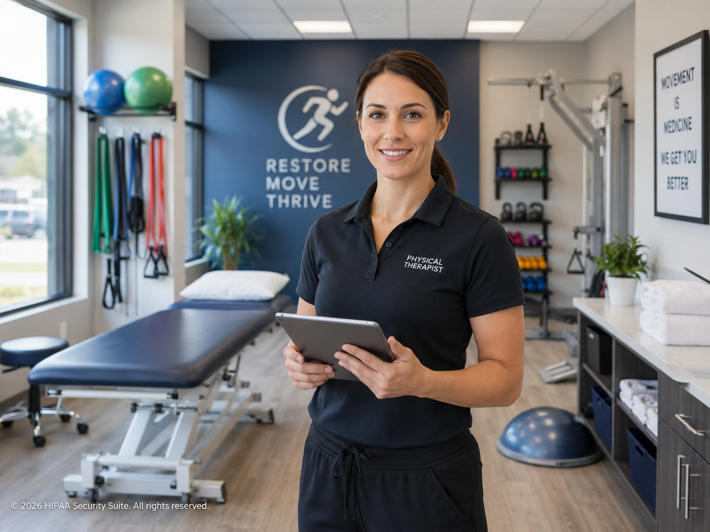 Multi-location physical therapy practice rollup with per-location scores and role-based training breakdown